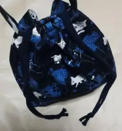 シックな猫柄信玄風巾着手さげ