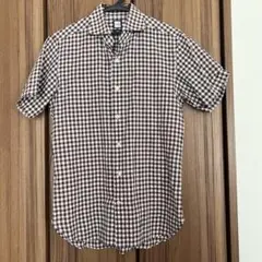 BEAMSf スリムフィット 半袖シャツ ブラウン系チェック