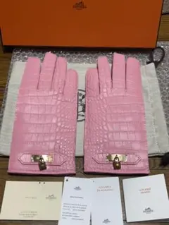 エルメス新品ワニ革カシミア裏地ケリー金具グローブ手袋ピンク金クロコダイル鰐クロコ