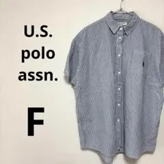 ユーエスポロアッスン レディース 半袖 シャツ ストライプ 青 紺 ロゴ F