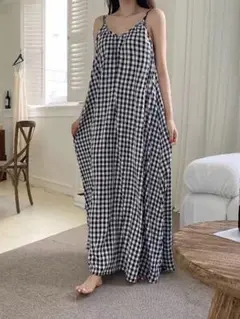 チェック柄ロングワンピース✨夏秋☀️デートにも最適！涼しい着心地