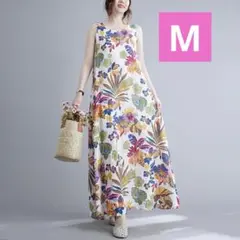 ノースリーブ ボタニカル柄ワンピース M ロング マキシ 涼しい 花柄