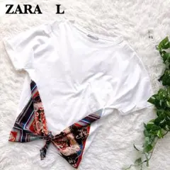 ZARA ホワイト Tシャツ　カットソー　スカーフ風　レトロ　 Lサイズ