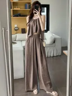 【新品未使用】DAZY リネン風 セットアップ ヘムトップス＆ロングパンツ