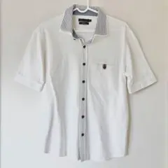【MENS MELROSE】半袖シャツ白×ストライプ襟 スリムフィット Mサイズ