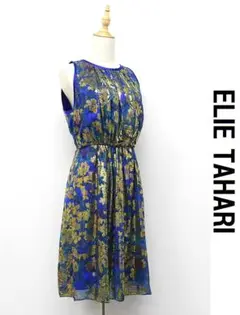 I466/ ELIE TAHARI ノースリーブワンピース 花柄 US8 M 青