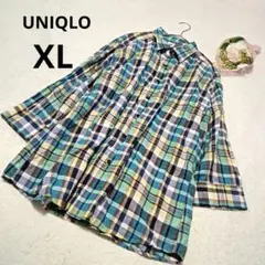 UNIQLO ユニクロ 七分袖シャツ メンズ チェック 青系 綿 トップス/XL