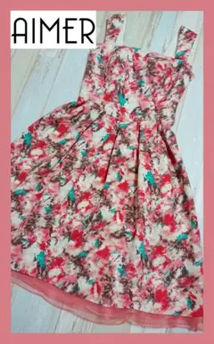 【美品】珍しいデザイン♡AIMER サーモンピンク ひざ丈ドレス
