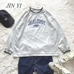 Z8【JIN YI】トレーナー　ロゴ　ビックシルエット　ライトグレー　L