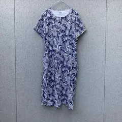 2571【ユニクロUT】L♡半袖総柄ワンピース ストライプ風 ポケット
