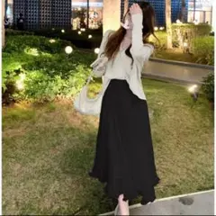 【残り3点】レディース フレアスカート 膝下丈　ブラック　黒 韓国
