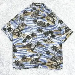 ピエールカルダン　アロハシャツ　ヤシの木　荒波　レーヨンシャツ　ハワイアンシャツ