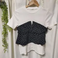 ホワイトリブ半袖Tシャツ・ドット柄ビスチェ風　美品