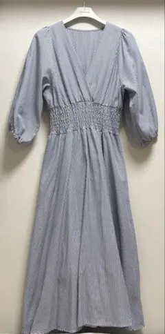 ★匿名配送　青ストライプ　七部袖ワンピース