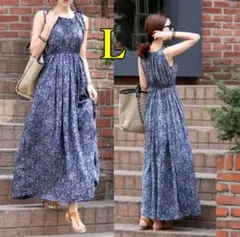 新品 L ロングワンピース リゾート サマードレス ノースリーブ 花柄 韓国