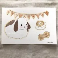 原画　水彩画　うさぎ　カフェラテ　ワッフル　ポストカード　オリジナルイラスト