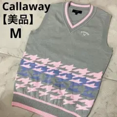 【美品】 Callaway Vネック 千鳥柄 ベスト M グレー×ピンク