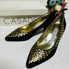 CASADEI スパンコール装飾 黒 ポインテッドトゥ 女性用シューズ 36 箱