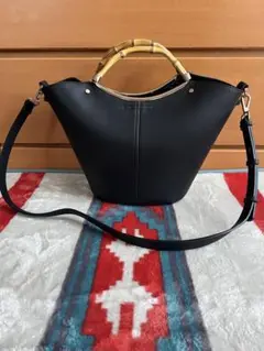 バンブーハンドル ブラックレザートートバッグ