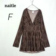 c6029【ネイトル】長袖チュニック F 茶 Vネック カットソー 昭和テイスト