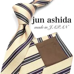 【美品】jun ashida ネクタイ ストライプ ベージュ グリーン 光沢感