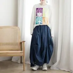 スカラー 変形タックスカート ロング丈【Ｍ】コットンデニム 古着 春夏秋冬