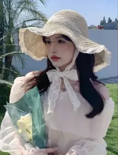 リボン付き麦わら帽子 レースリボン 夏 日除け ガーリー フェミニン