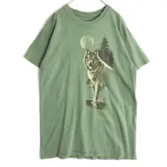 3116　オオカミ　月　アニマル　ビッグプリント　半袖　Tシャツ　緑