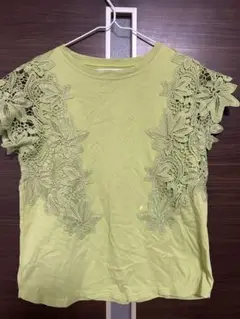 ライムグリーン レース装飾 半袖Tシャツ