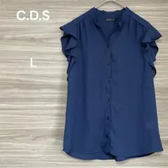 C.D.S basic【L】ネイビー フリル ノースリーブ シャツ シアー