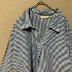 【美品】ブリックハウス スキッパーブラウス七分袖(M)ブルー&ホワイトキレイめ