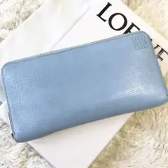 【美品】LOEWE リネン 長財布 ラウンドファスナー アナグラム ロゴ 水色