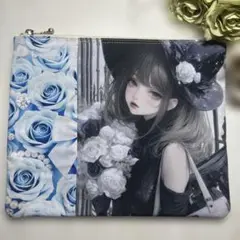 パネルポーチ　綺麗な薔薇と女の子　20c 水色
