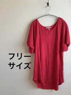 赤 メッシュ袖 チュニック 半袖　【フリーサイズ】