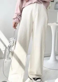 デニム＆ツイルハイウェストストレートパンツ