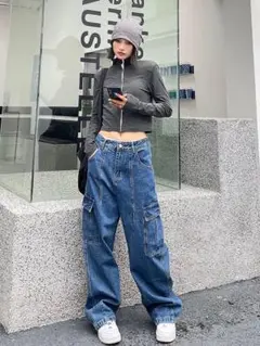 デニムロングパンツ★ゆったりシルエット◎お洒落に年中×女子会・アウトドア