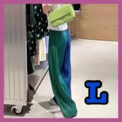 レディース 大人 ボトムス リブ ワイド パンツ 青×緑 L バイカラー