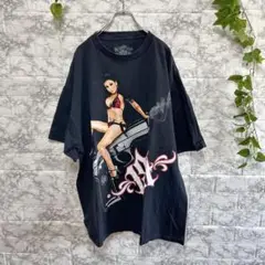 【f61】女性イラスト 銃デザイン Tシャツ ブラック