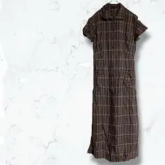 2323♡アスコット♡シャツワンピース 茶系 M 前ボタン チェック柄 レトロ