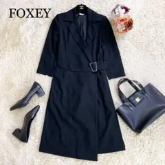 美品♡FOXEY♡チェスターコート カシミヤ ウール混 ベルト付 黒 40