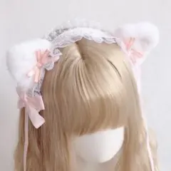 猫耳 ピンク フリル レース ヘッドドレス ロリータ 髪飾り コスプレ C198