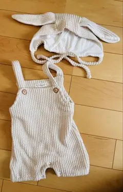 うさぎ耳付きオーバーオールセット　73cm