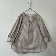 DRESKIPドレスキップ ストライプ 五分袖 チュニック　綿混　ベージュ系