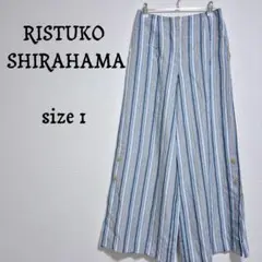 リツコシラハマ　ブルーストライプワイドパンツ ズボン 裾スリット　リネン混