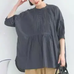 新品 ピンタックブラウス チュニック ハシゴレース 綿 チャコール フリー