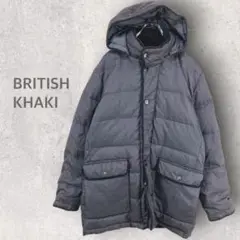 【ブリティッシュカーキ】ダウンジャケット L ミドルコート フード付 フルジップ