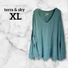 terra & sky 【XL】ティール Vネック 長袖 Tシャツ カットソー