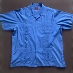 刺繍デザイン　半袖開襟キューバシャツ　青　XL ビッグサイズ