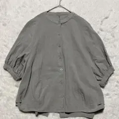 【JUNOAH】ジュノア◇ノーカラー ボリュームスリーブ コットンシャツ M