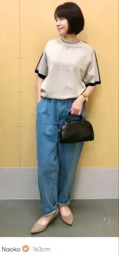 美品 使用1回 クルーネックセーター(ライン)(5分袖)NTQ+E グレーM